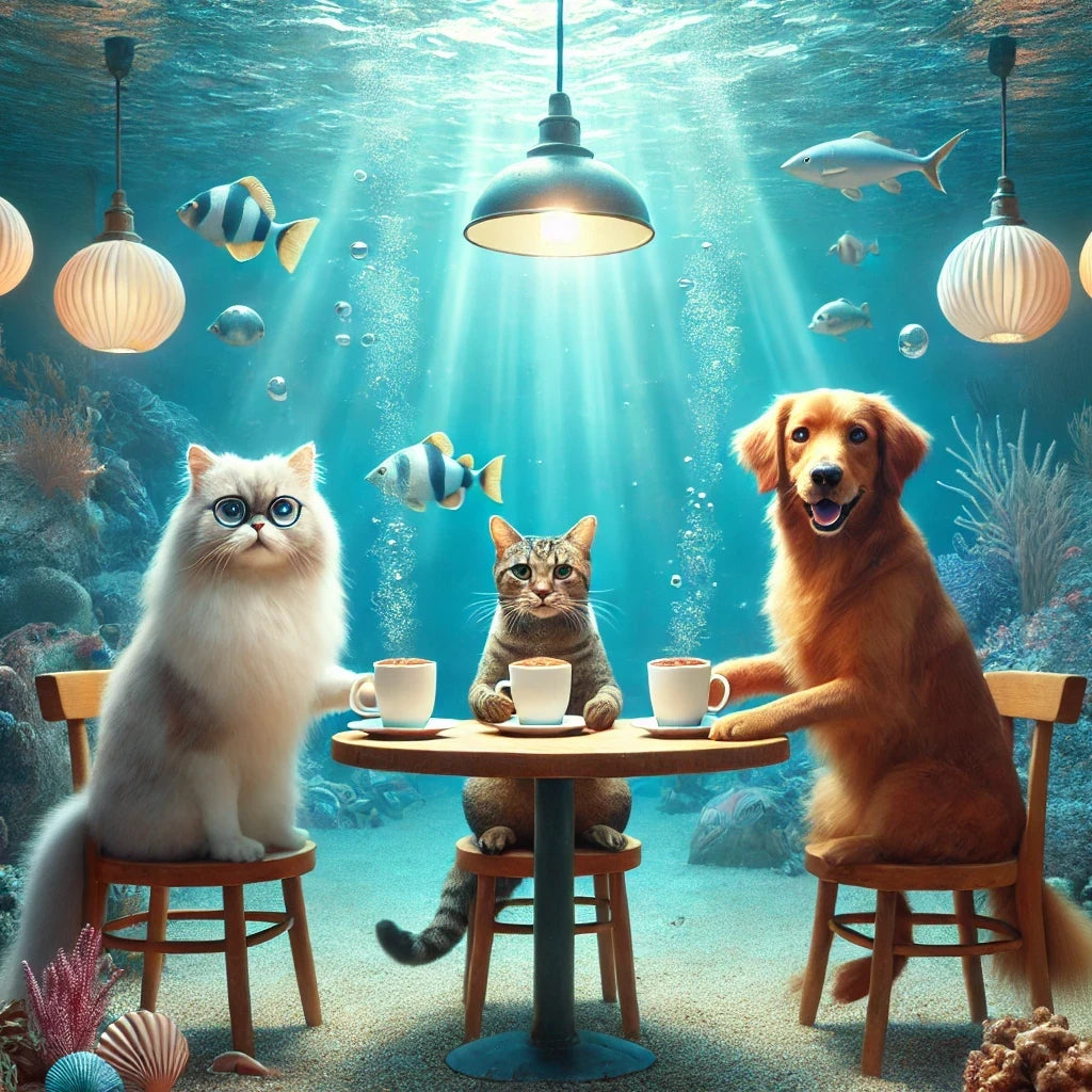 Premium Poster | Su Altında Kahve İçen Kedi&Köpek | RE001