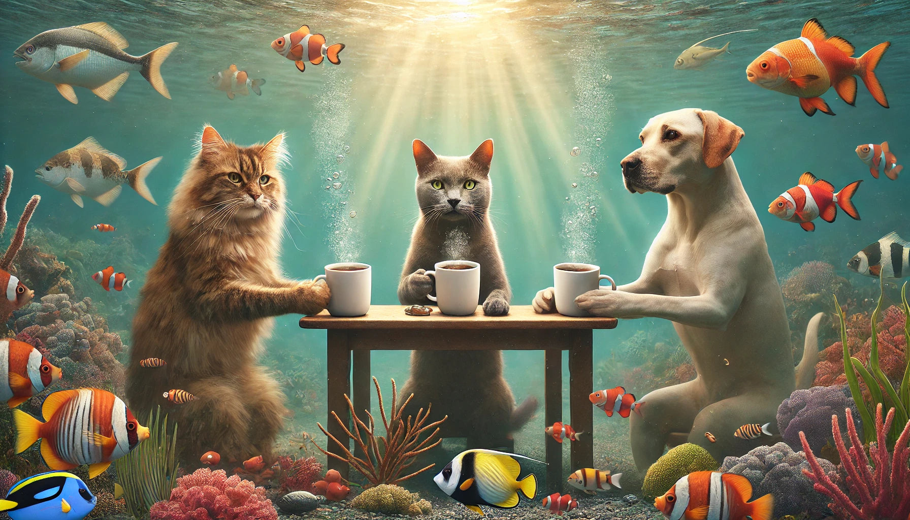 Premium Poster | Su Altında Kahve İçen Kedi&Köpek | RE002